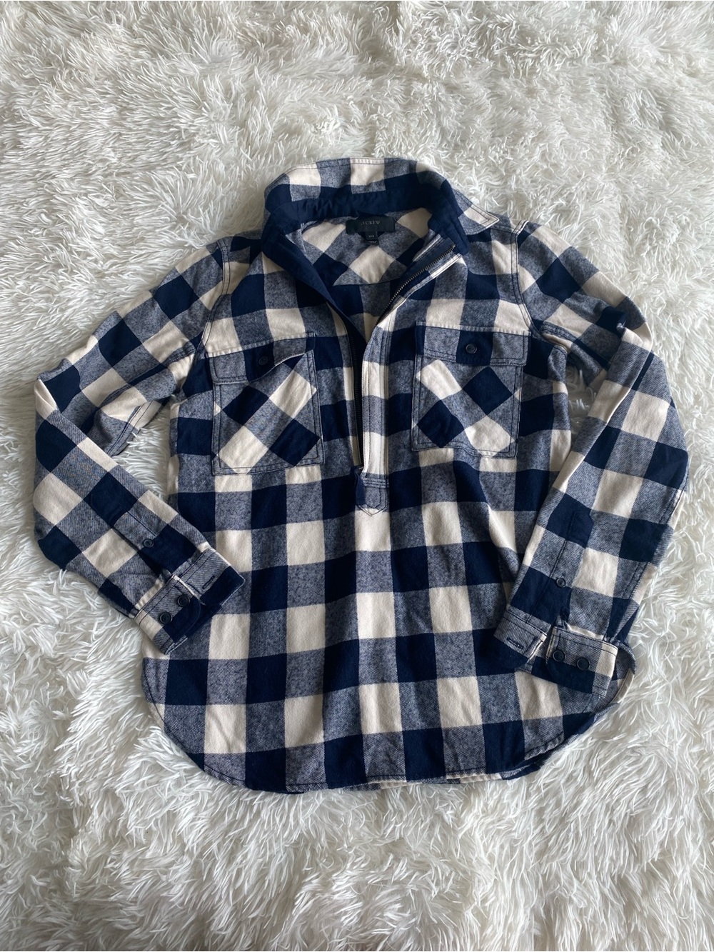 J. Crew Women’s Blue and White Buffalo Plaid Quarter Zip Flannel